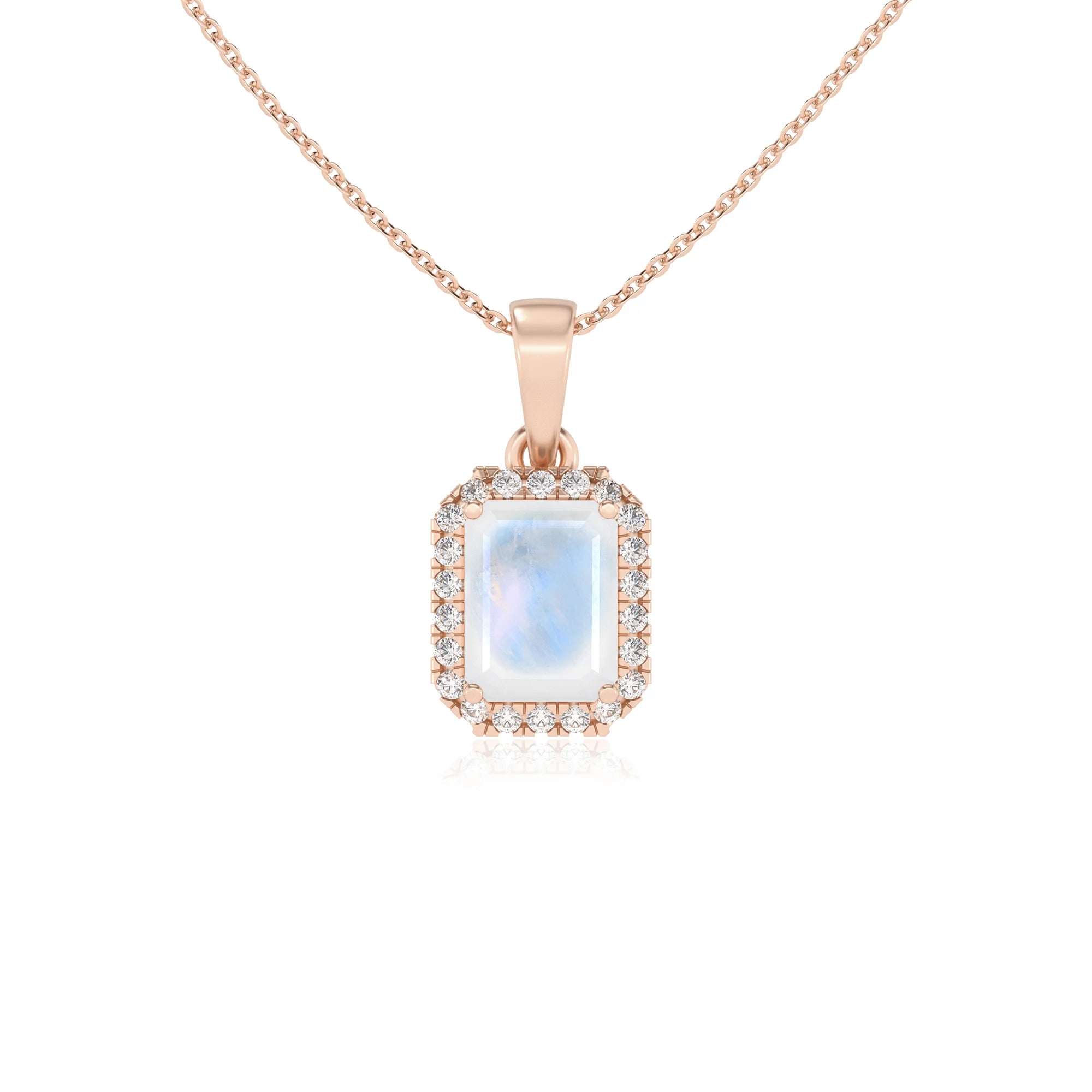 natural rainbow-moonstone emerald cut solitaire necklaces in rose gold