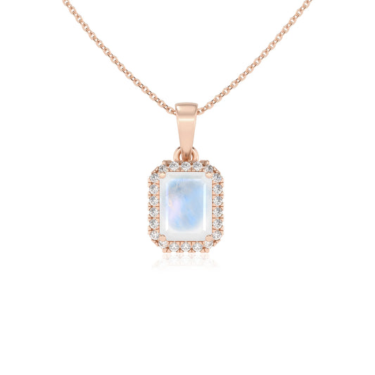 natural rainbow-moonstone emerald cut solitaire necklaces in rose gold