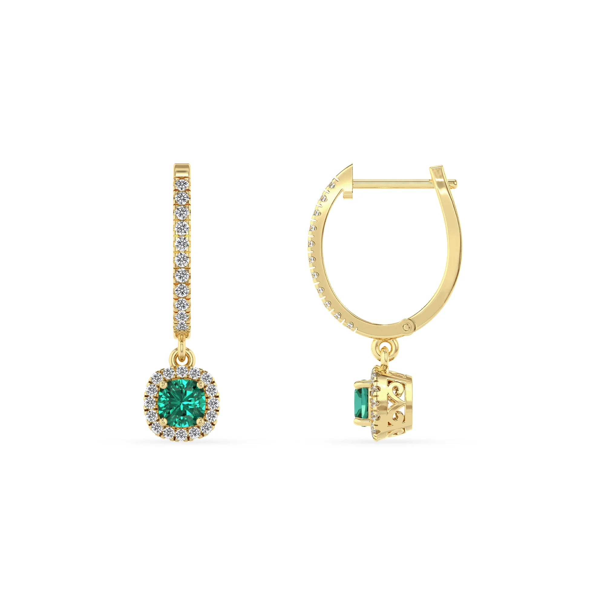 lab grown emerald cushion drop earrings in yellow gold