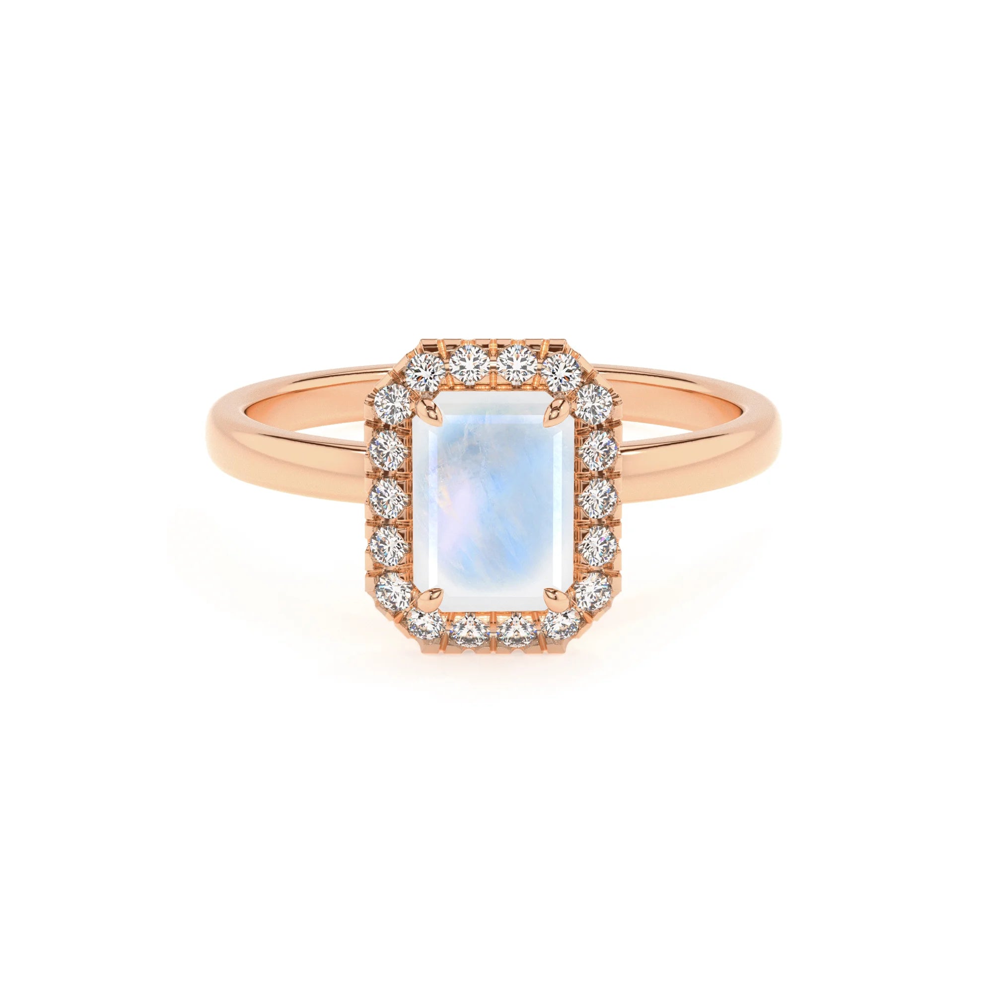natural rainbow-moonstone emerald cut solitaire rings in rose gold