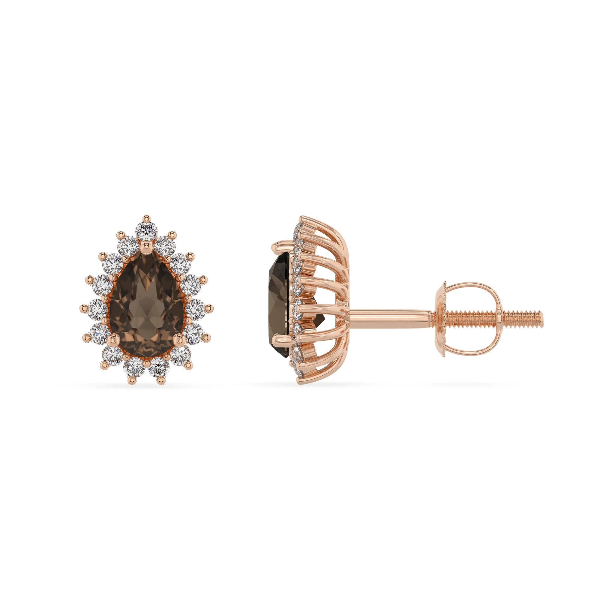 natural smoky quartz pear stud earrings in rose gold