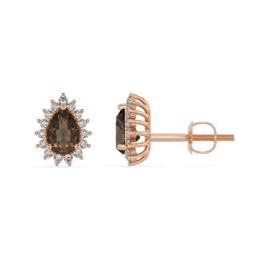 natural smoky quartz pear stud earrings in rose gold