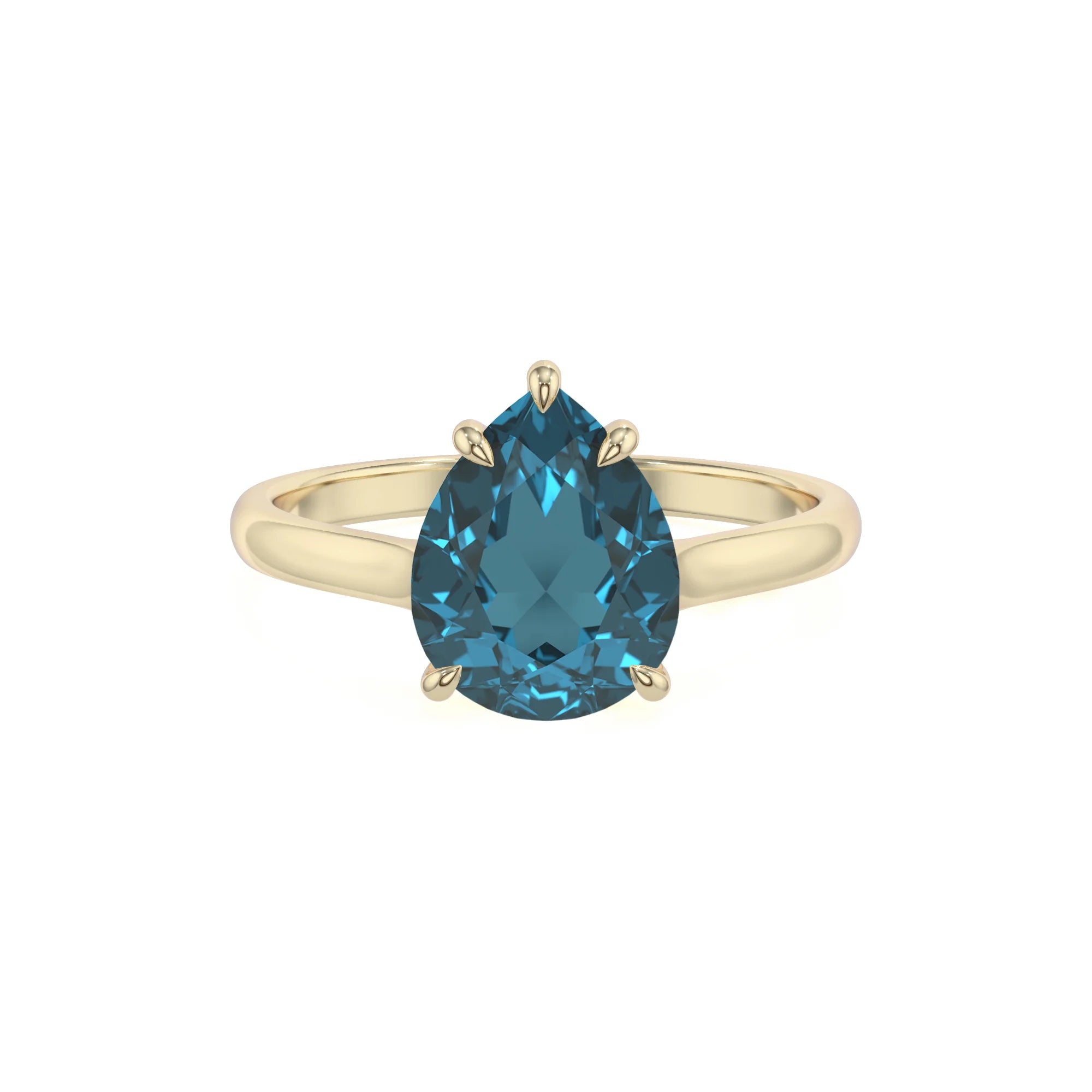 natural london-blue-topaz pear solitaire rings in yellow gold