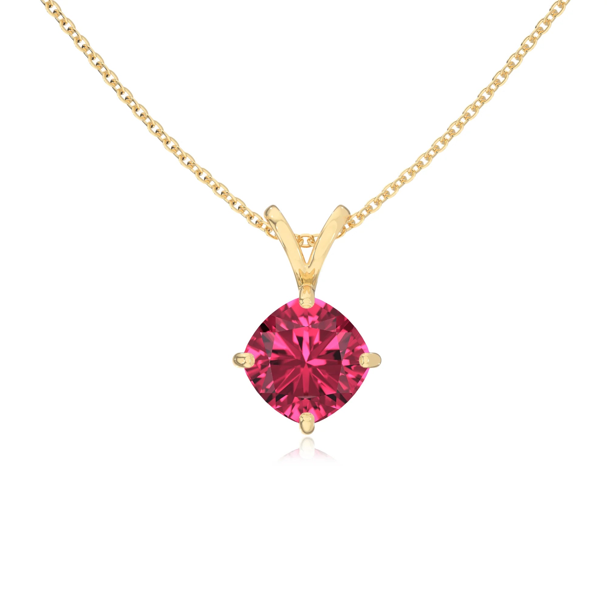 lab grown pink-tourmaline cushion solitaire v-bale necklaces in yellow gold
