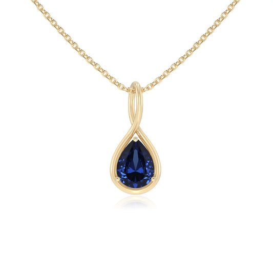 lab grown blue-sapphire pear solitaire necklaces in yellow gold