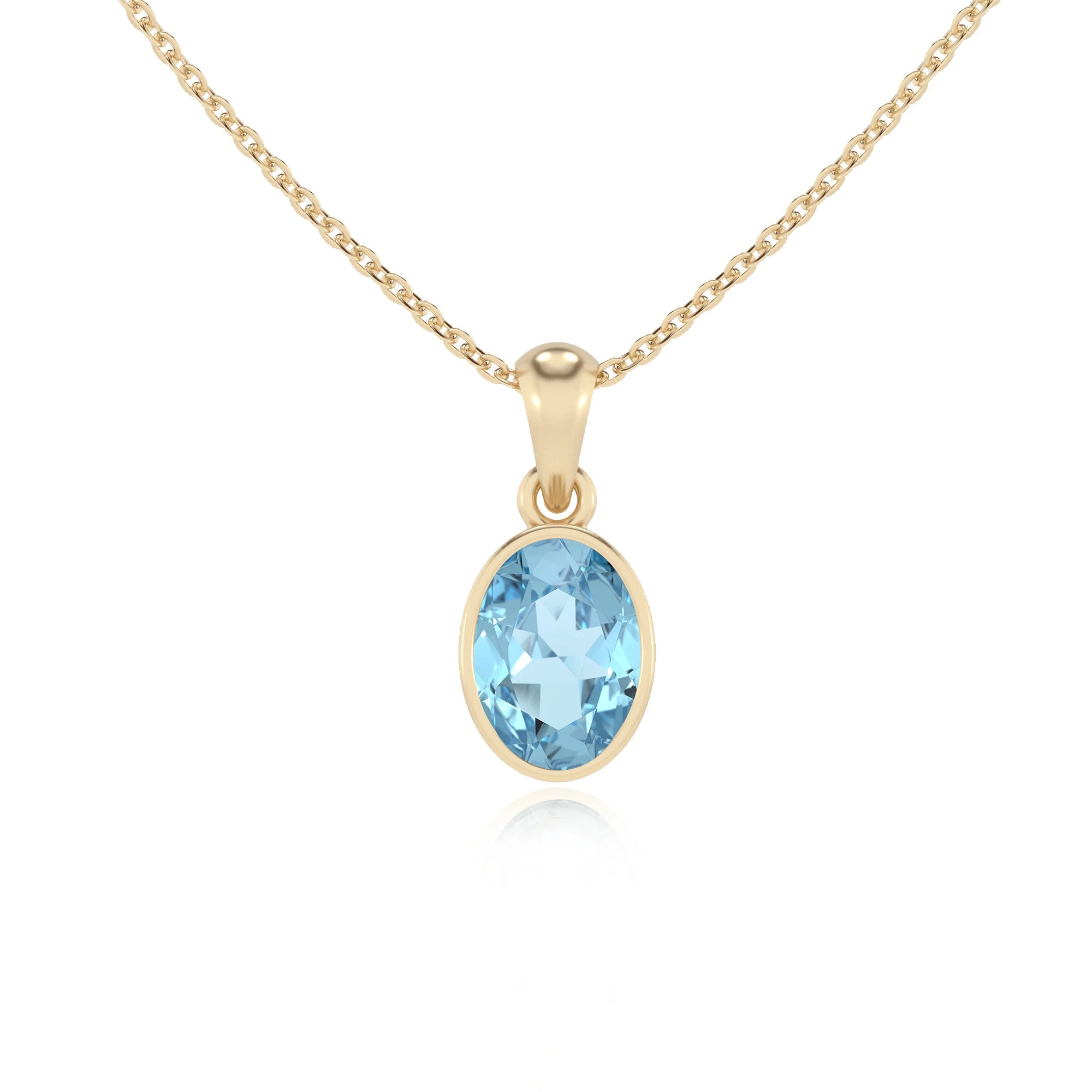 lab grown aquamarine oval solitaire necklaces in yellow gold