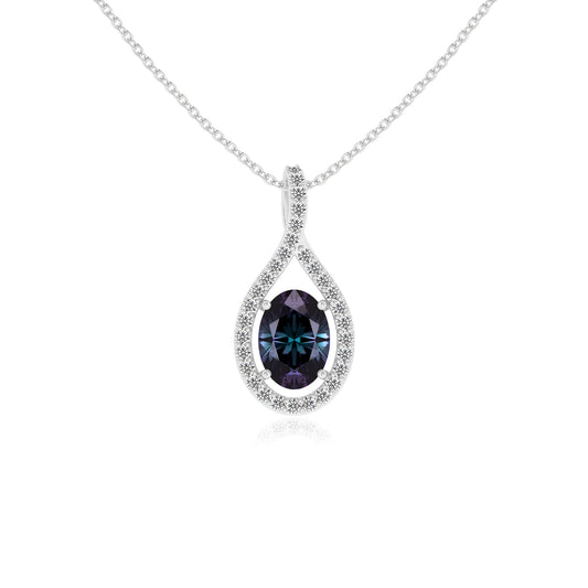 lab grown alexandrite oval solitaire necklaces in white gold