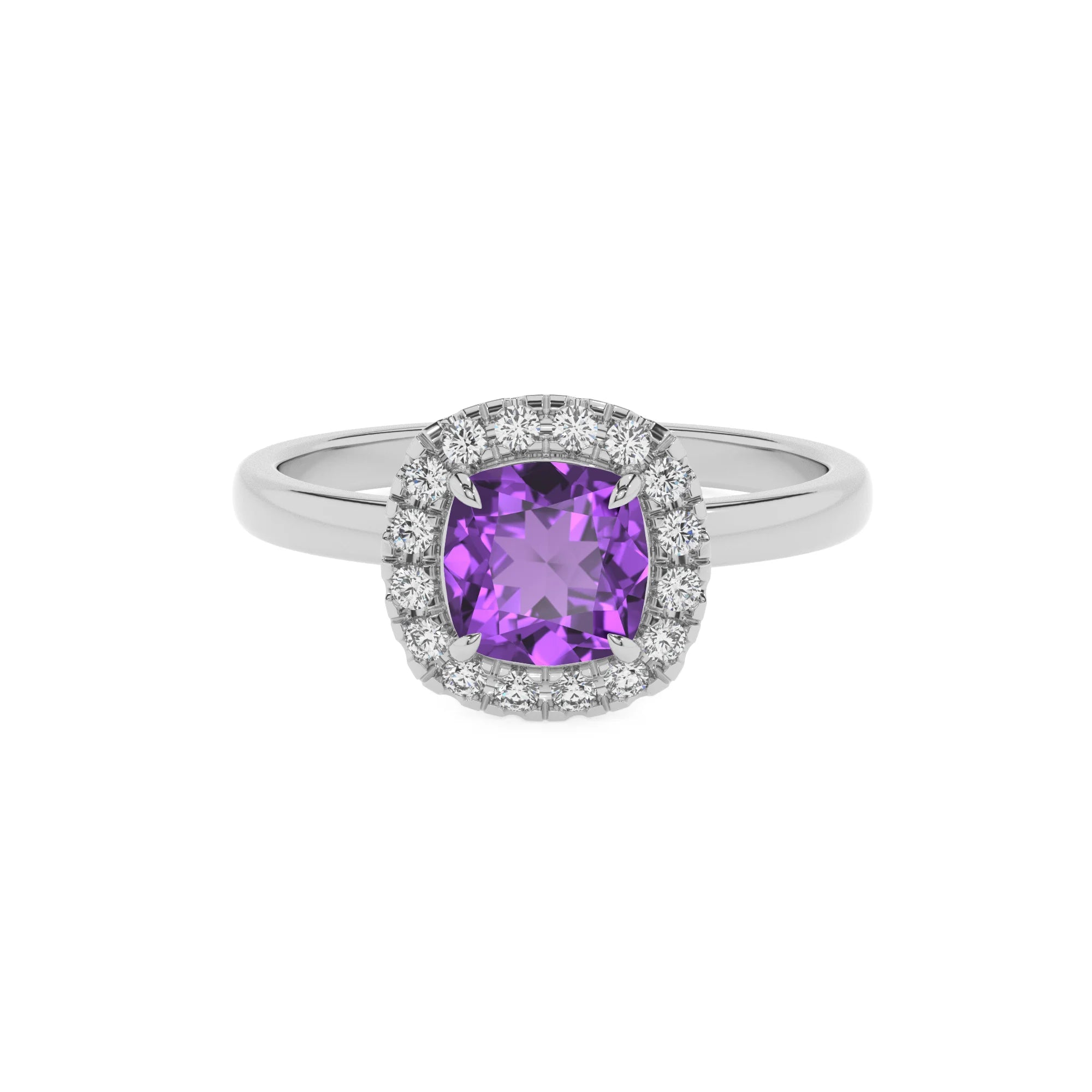 lab grown amethyst cushion solitaire rings in white gold