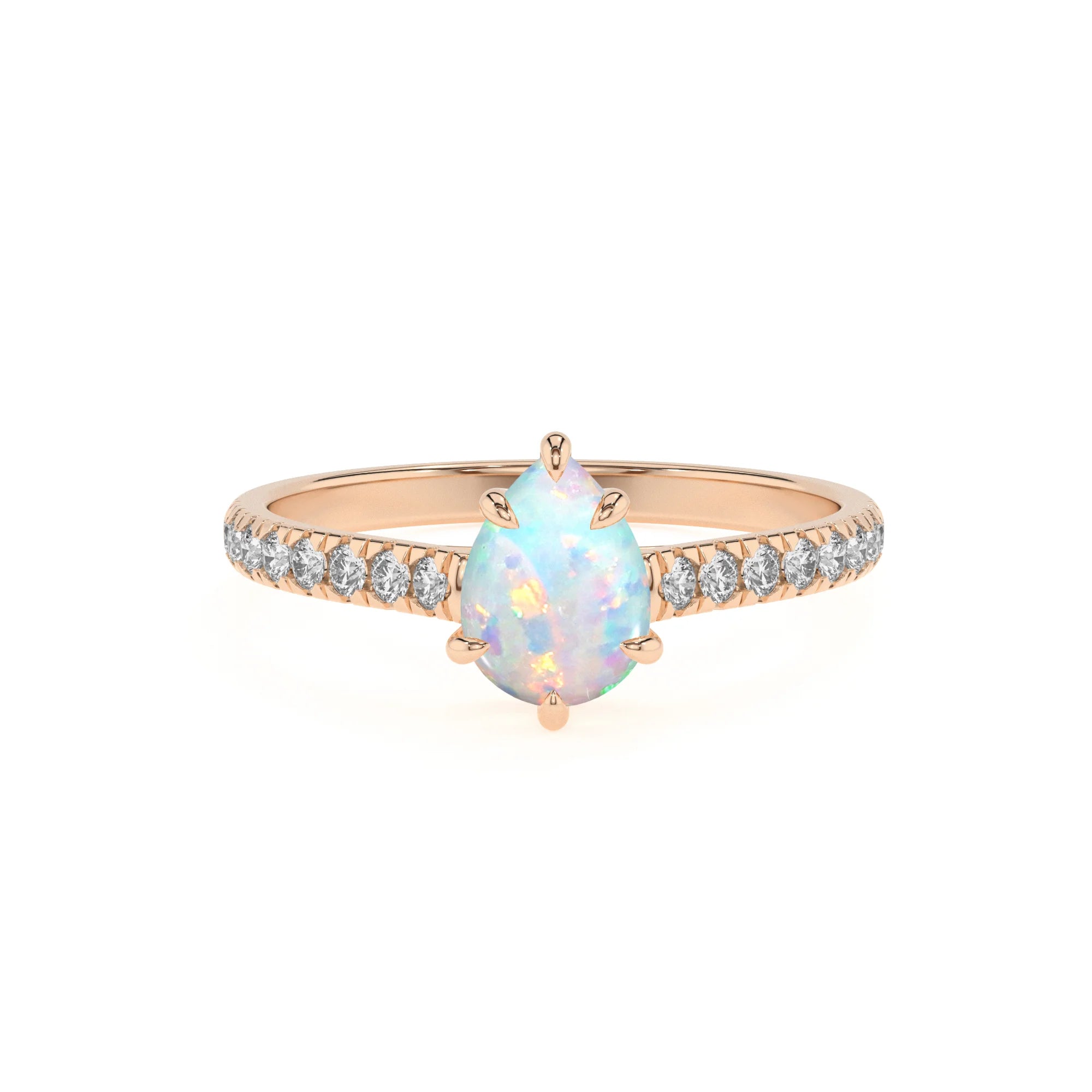 lab grown opal pear half eternity solitaire engagement rings in rose gold
