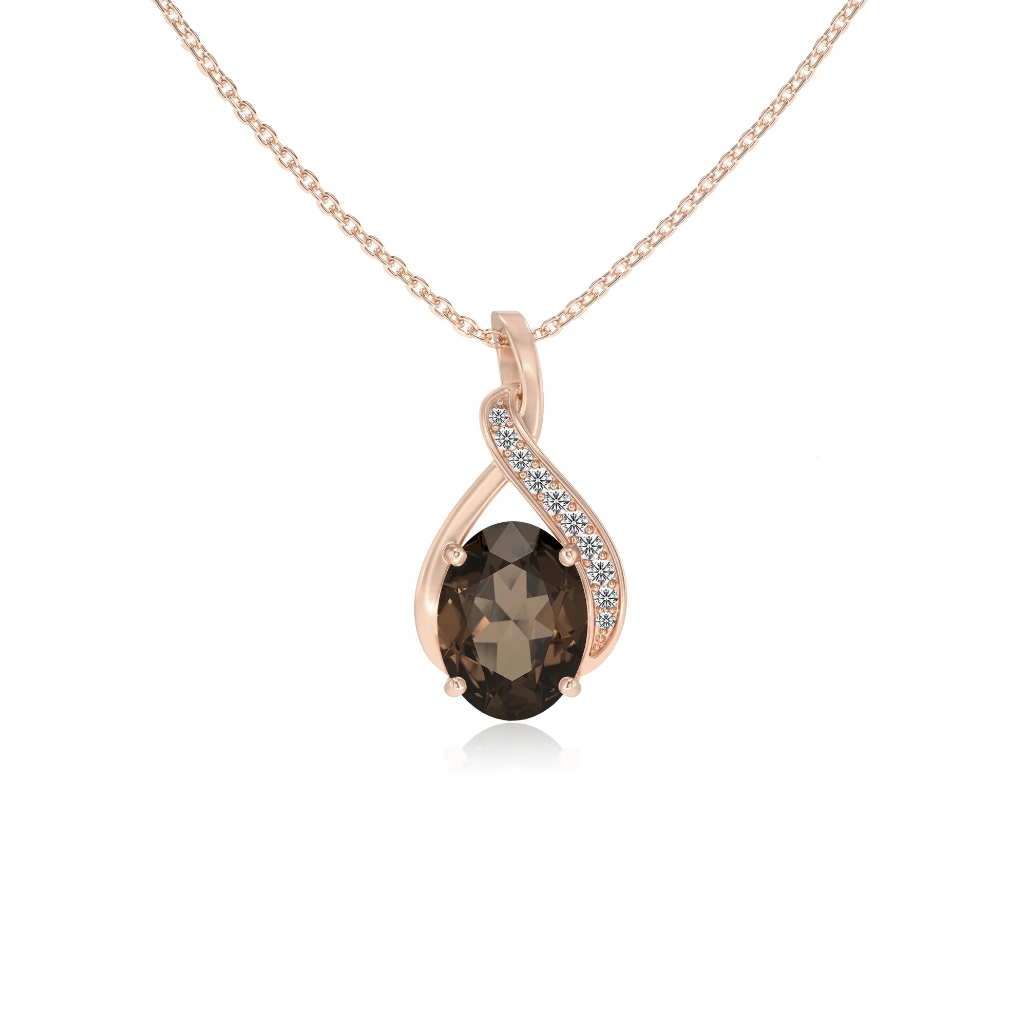natural smoky-quartz oval solitaire necklaces in rose gold