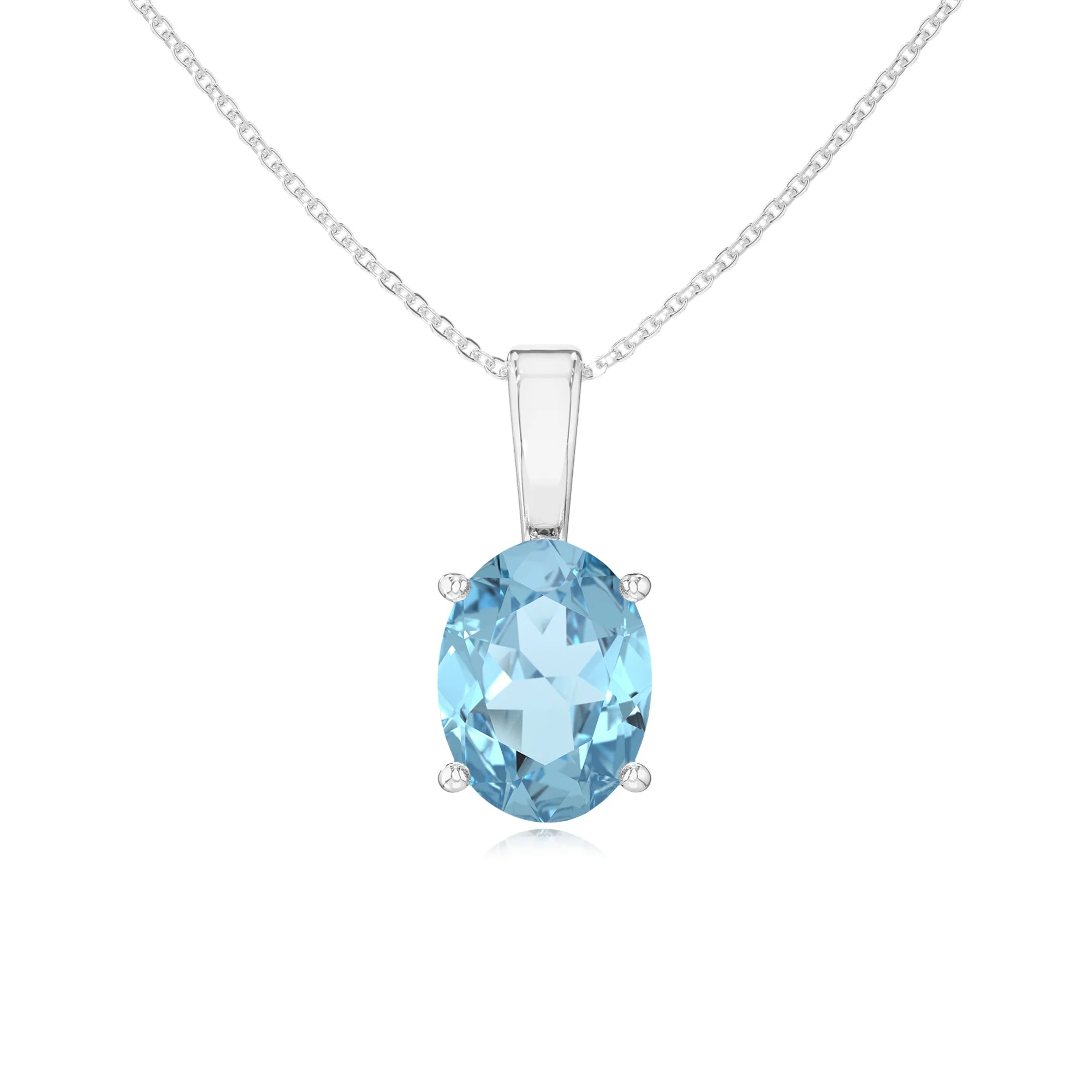 lab grown aquamarine oval solitaire necklaces in white gold