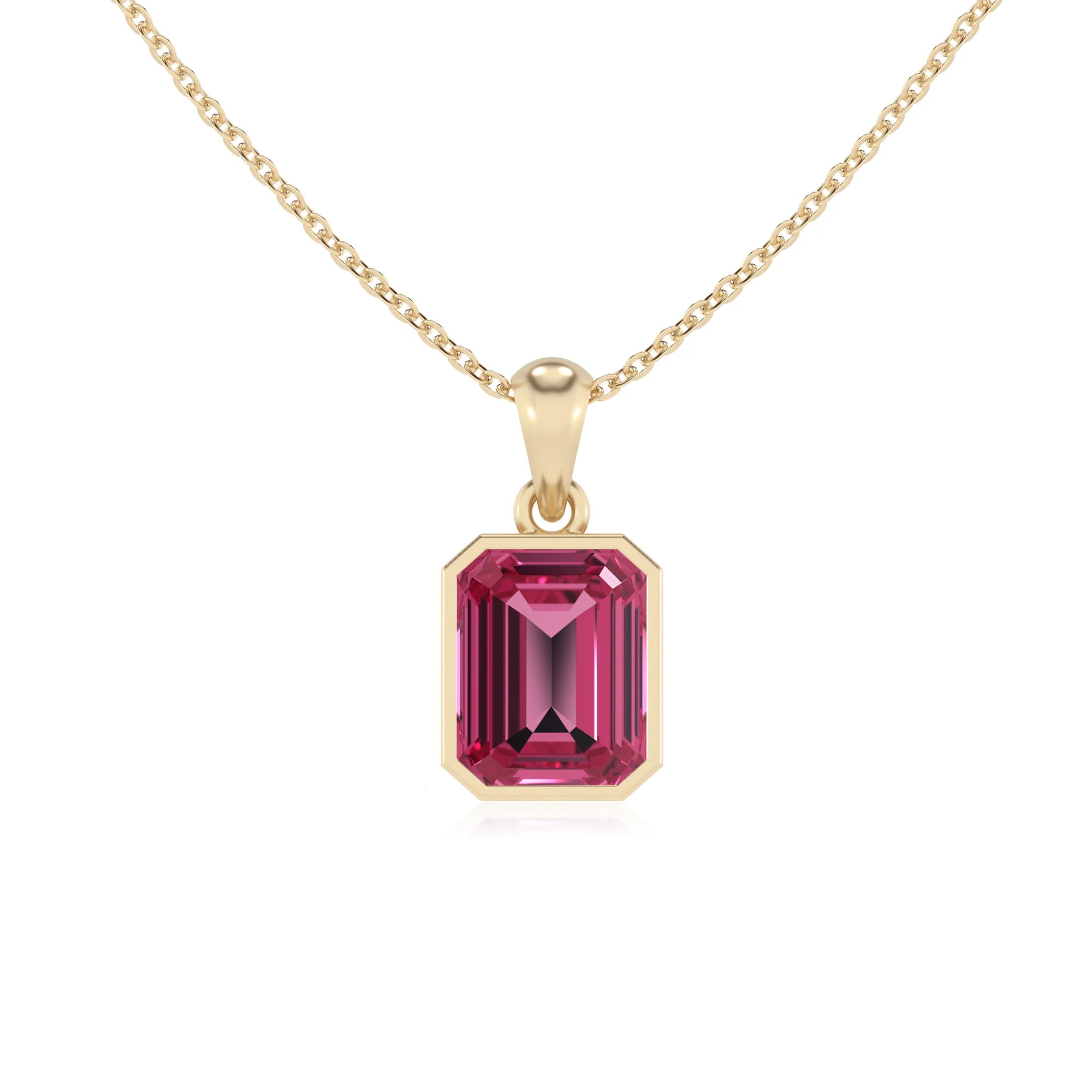 lab grown pink-tourmaline emerald cut solitaire necklaces in yellow gold