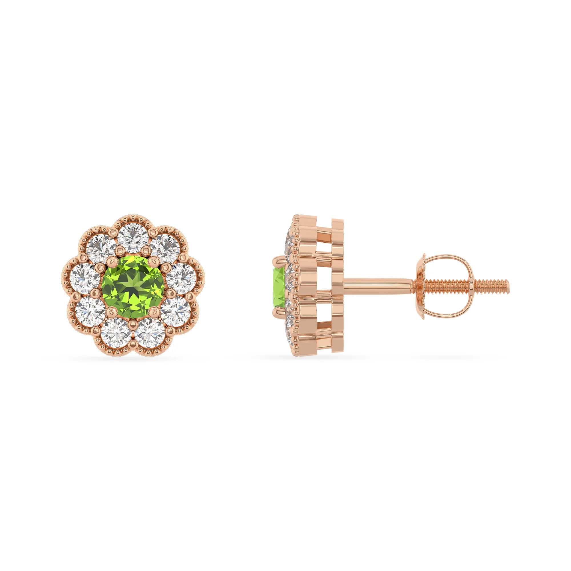 natural peridot round stud earrings in rose gold