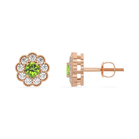 natural peridot round stud earrings in rose gold