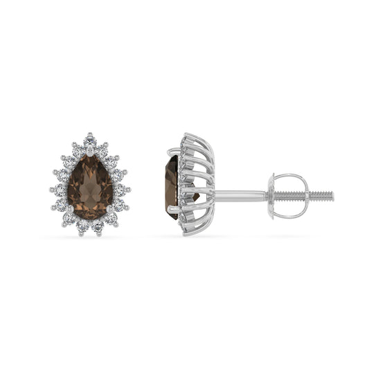 natural smoky quartz pear stud earrings in white gold
