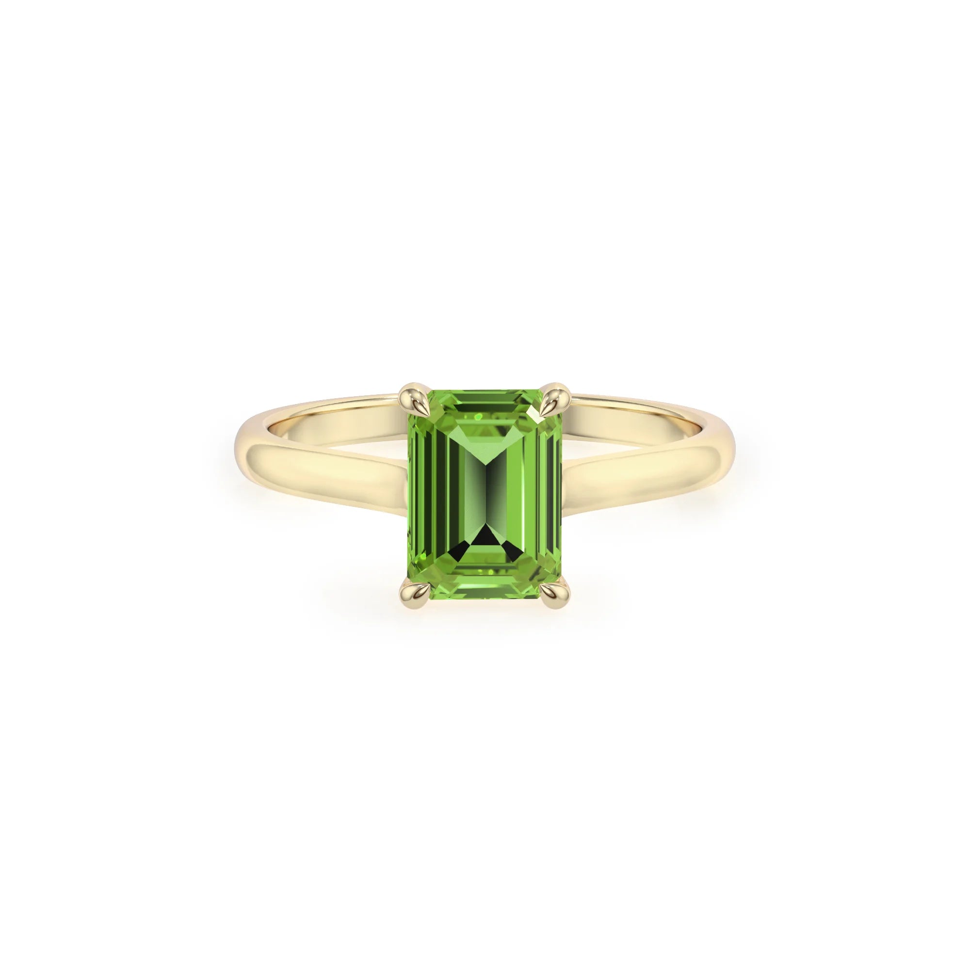 natural peridot emerald cut solitaire rings in yellow gold
