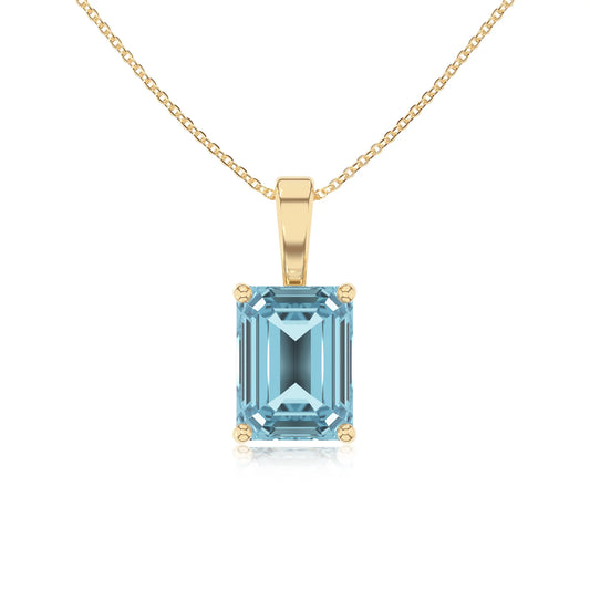 lab grown aquamarine emerald cut solitaire necklaces in yellow gold