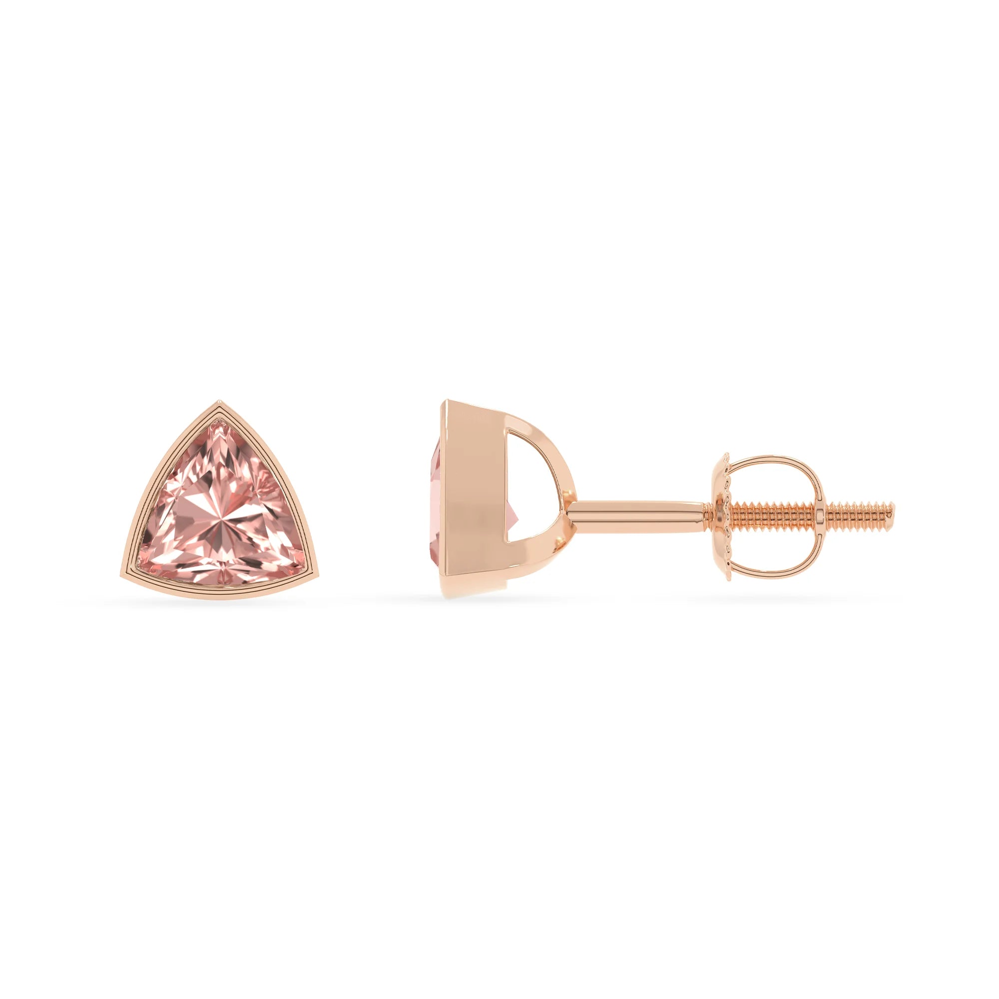 lab grown morganite trillion stud earrings in rose gold