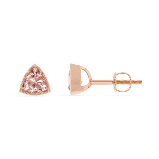 lab grown morganite trillion stud earrings in rose gold