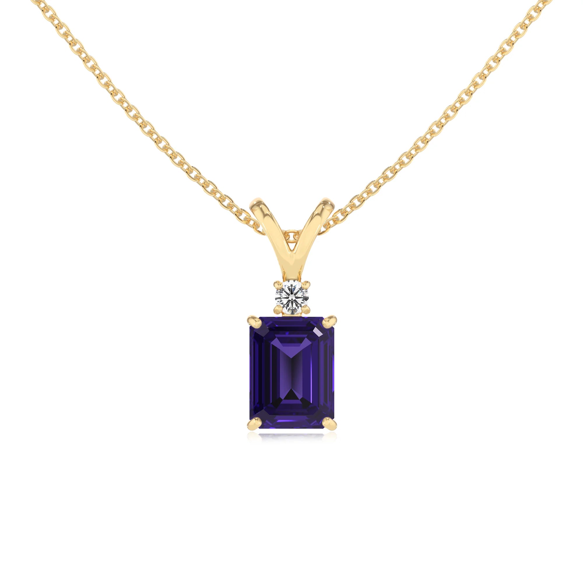 lab grown tanzanite emerald cut solitaire v-bale necklaces in yellow gold