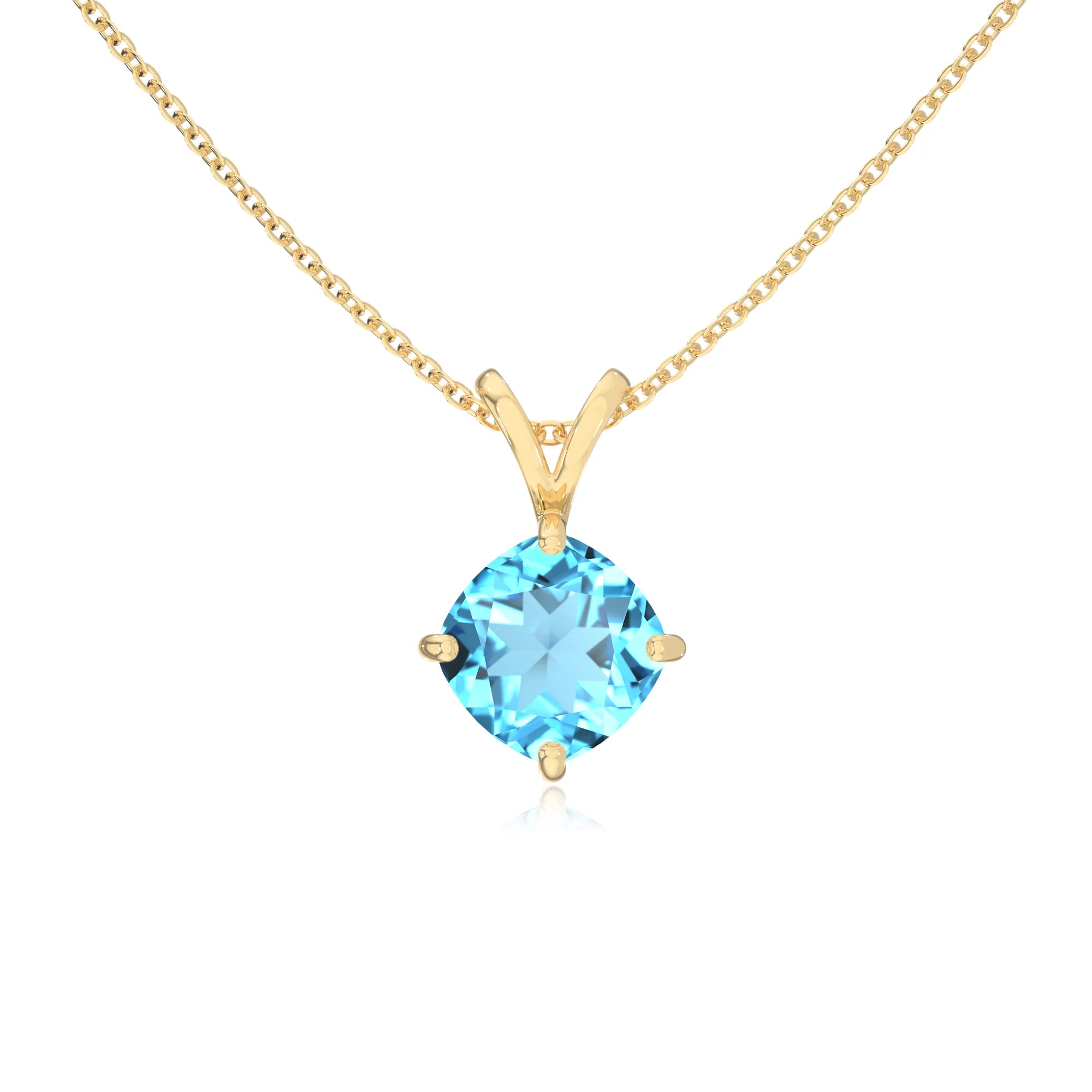 natural swiss-blue-topaz cushion solitaire v-bale necklaces in yellow gold
