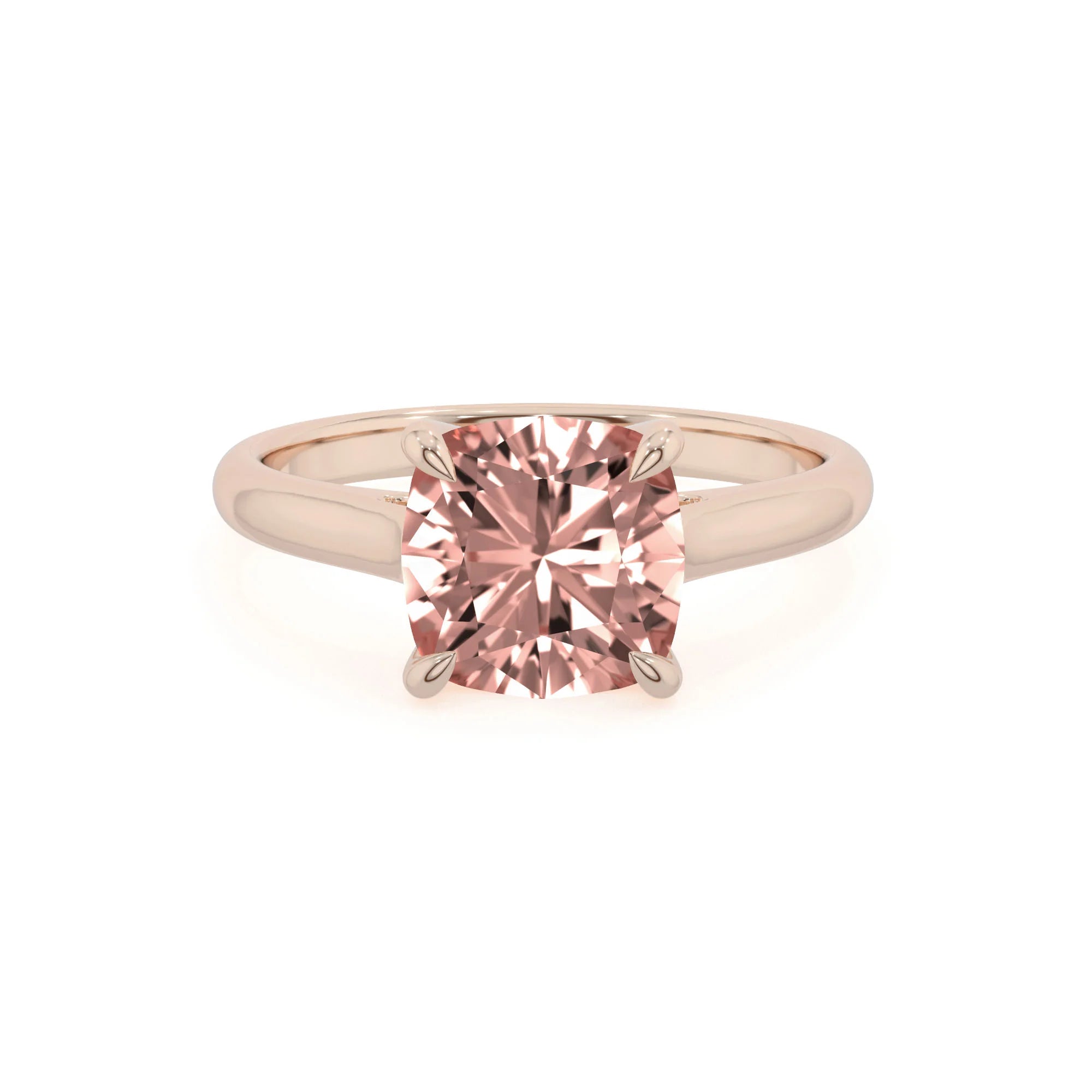 lab grown morganite cushion solitaire rings in rose gold