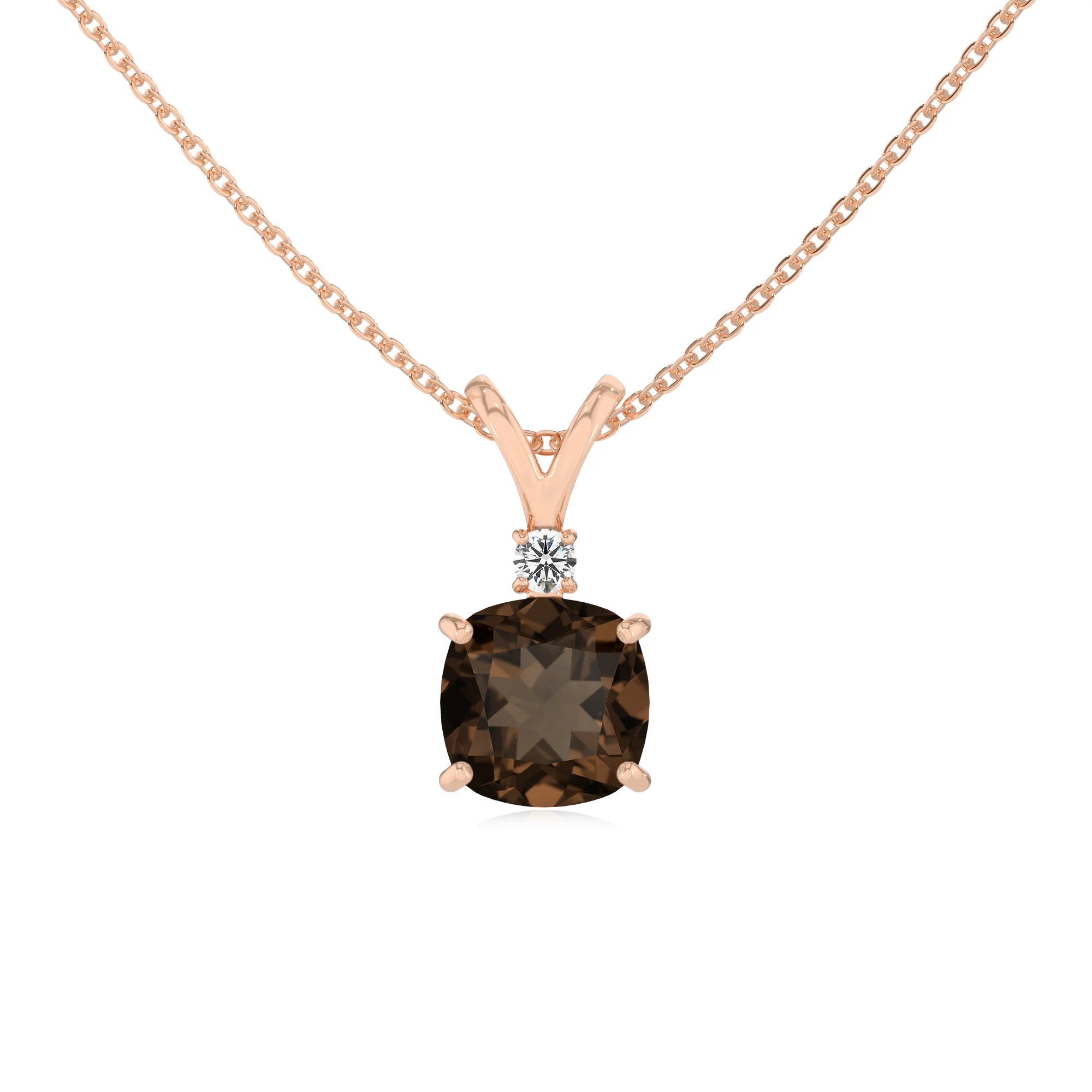 natural smoky-quartz cushion solitaire v-bale necklaces in rose gold