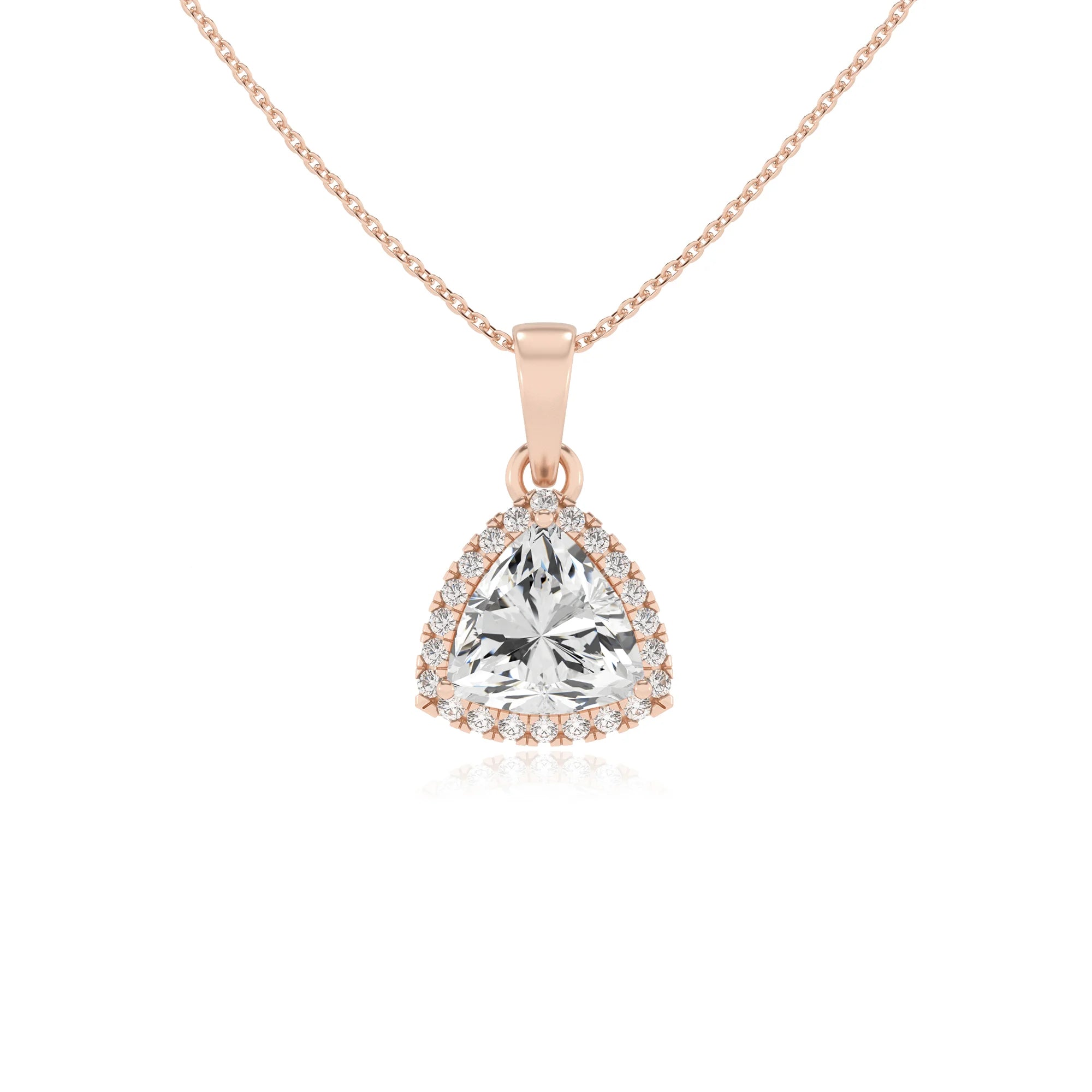 lab grown moissanite trillion solitaire necklaces in rose gold