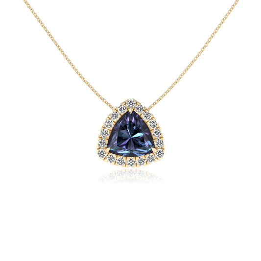 lab grown alexandrite trillion solitaire necklaces in yellow gold