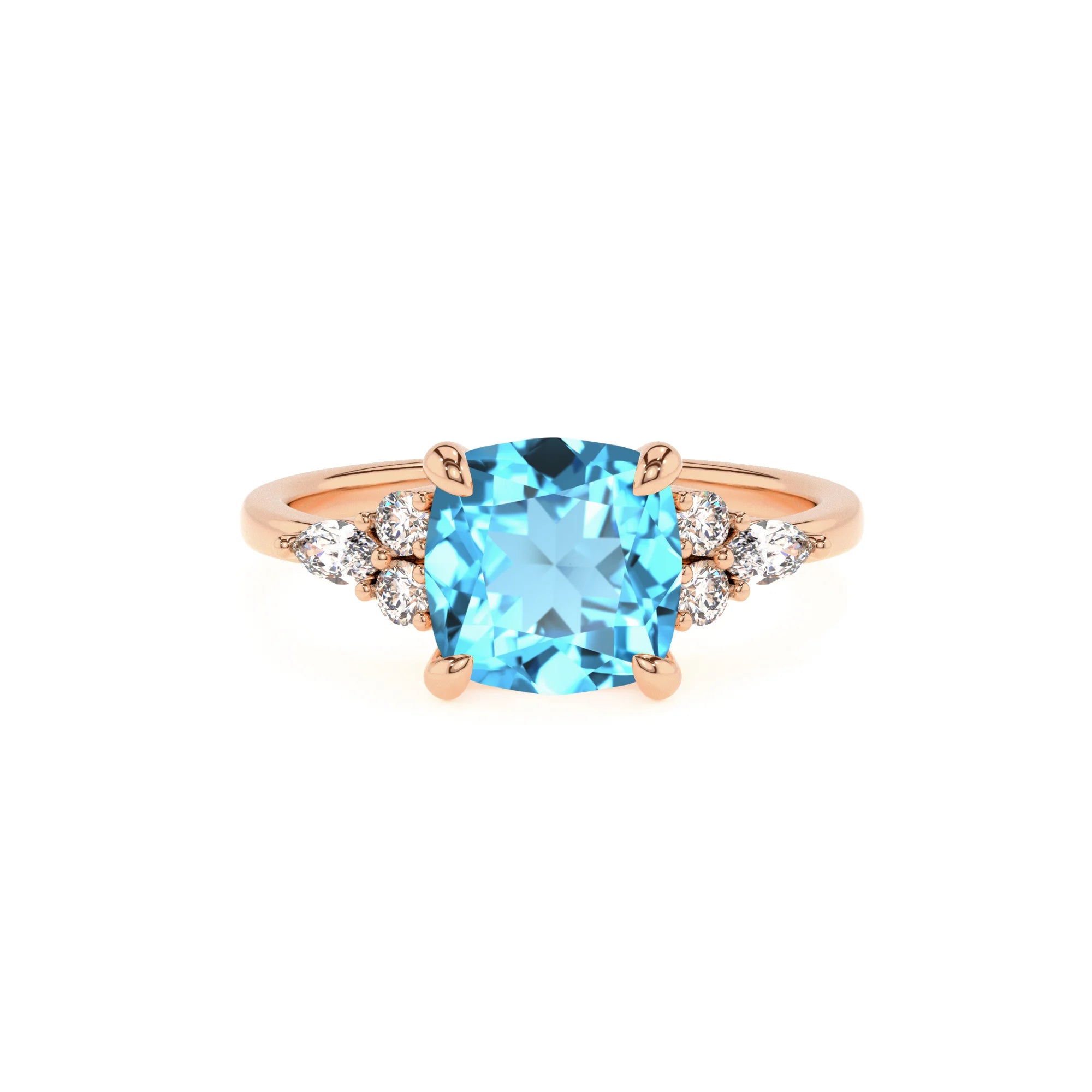 natural swiss-blue-topaz cushion solitaire rings in rose gold