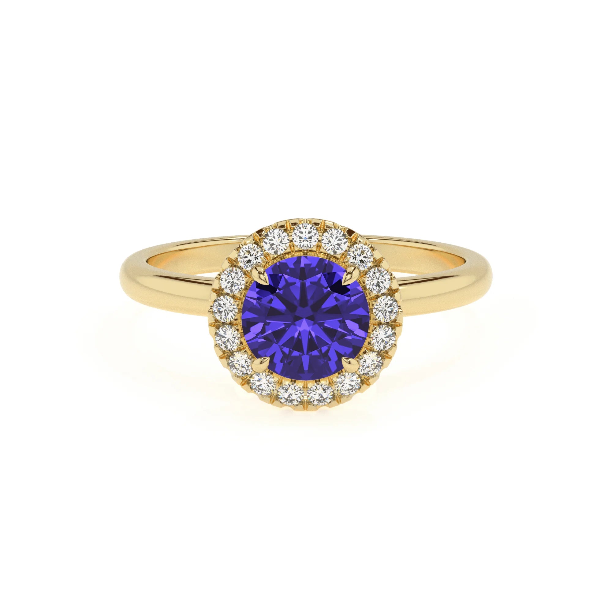 lab grown tanzanite round solitaire rings in yellow gold