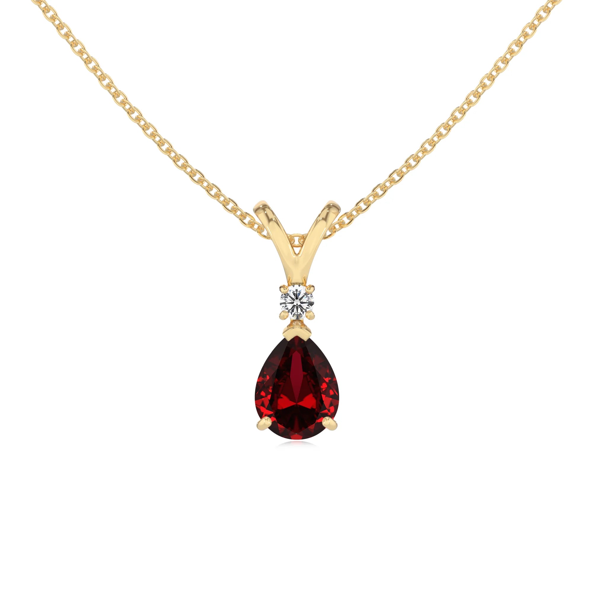 lab grown ruby pear solitaire v-bale necklaces in yellow gold