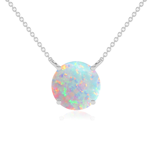 lab grown opal round solitaire necklaces in white gold