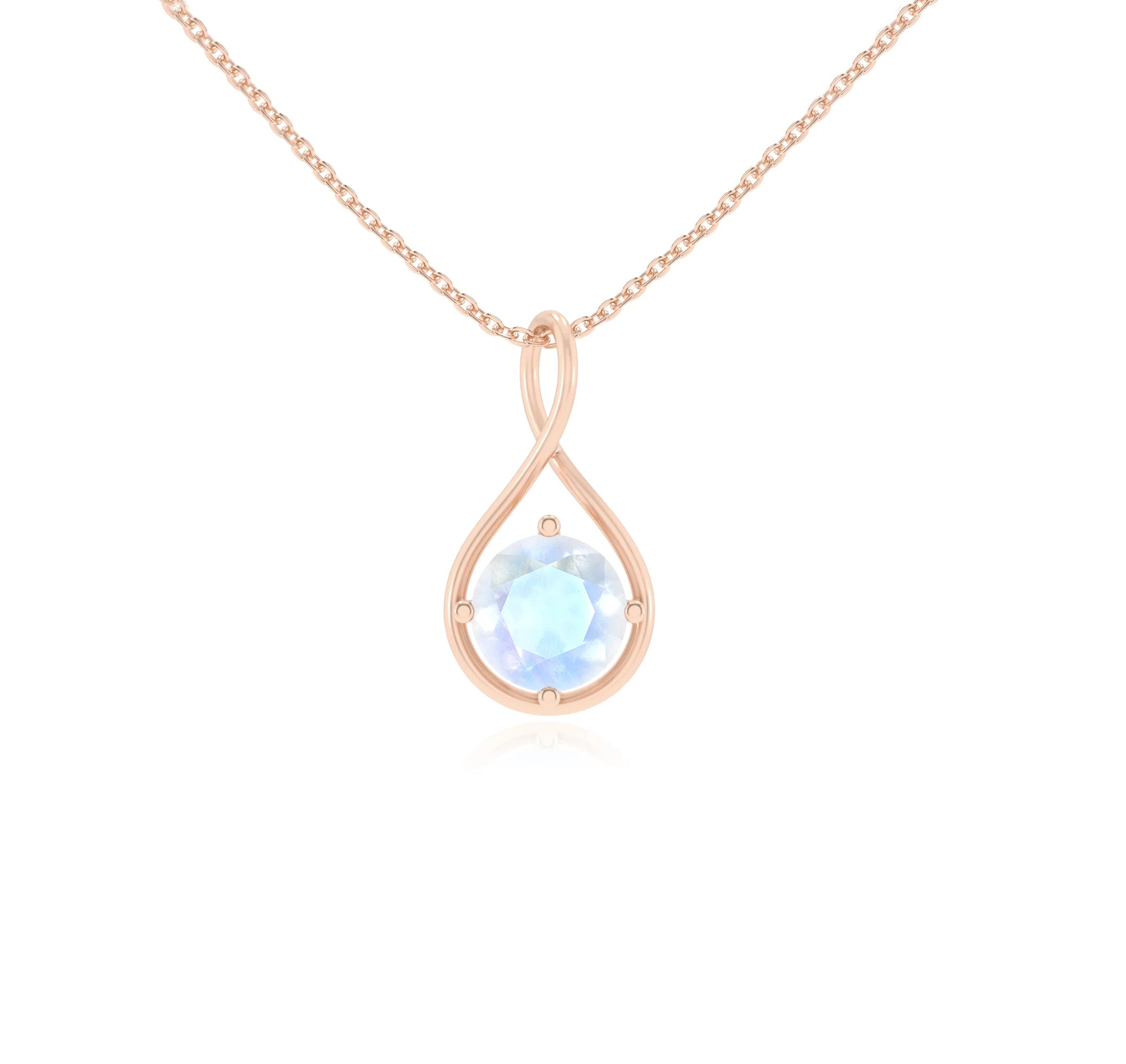 natural rainbow-moonstone round solitaire necklaces in rose gold