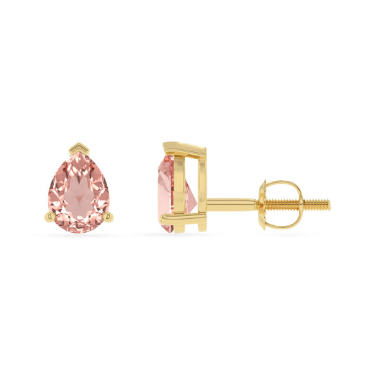 lab grown morganite pear stud earrings in yellow gold