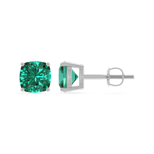 lab grown emerald cushion stud earrings in white gold