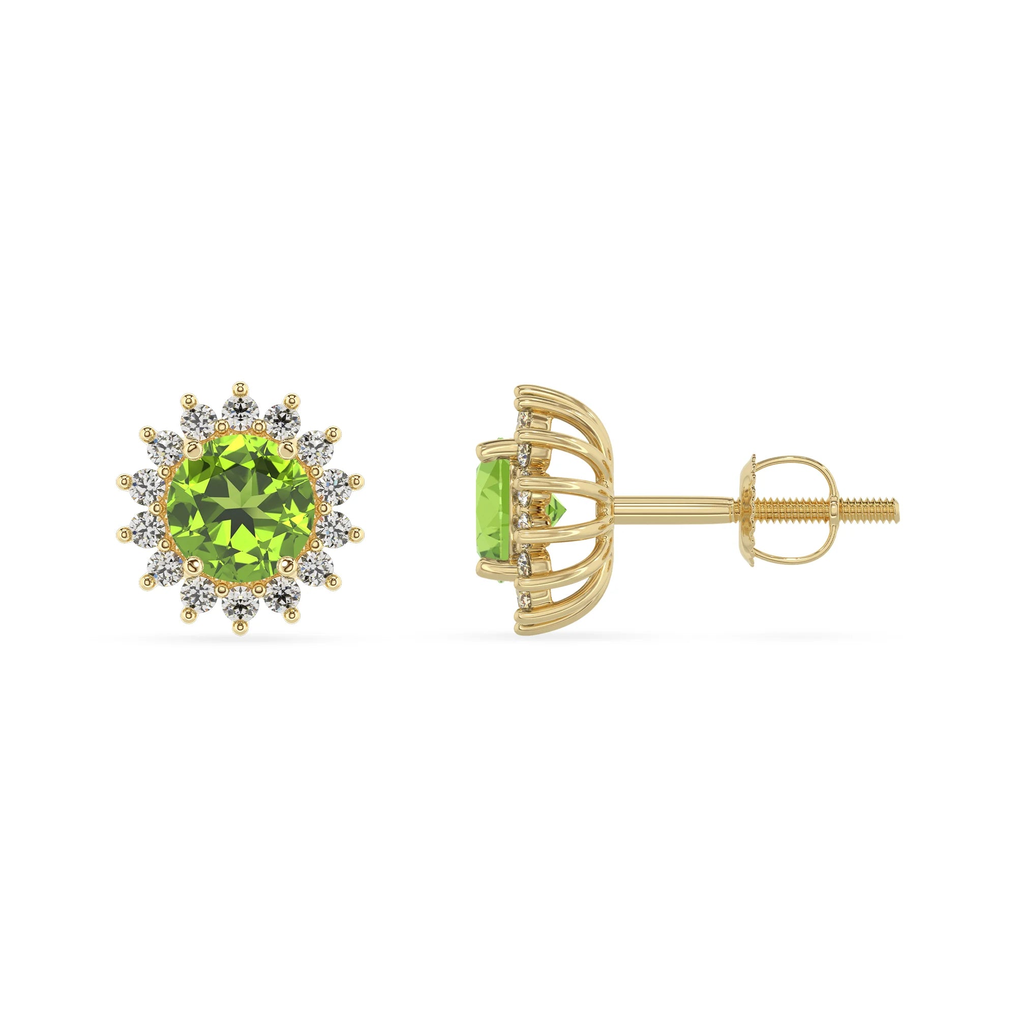 natural peridot round stud earrings in yellow gold