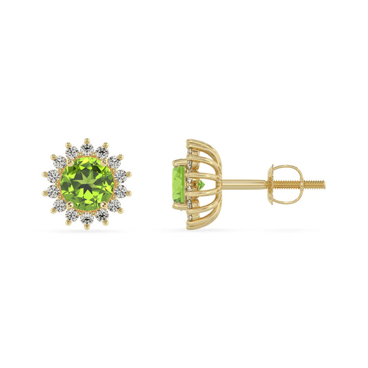 natural peridot round stud earrings in yellow gold