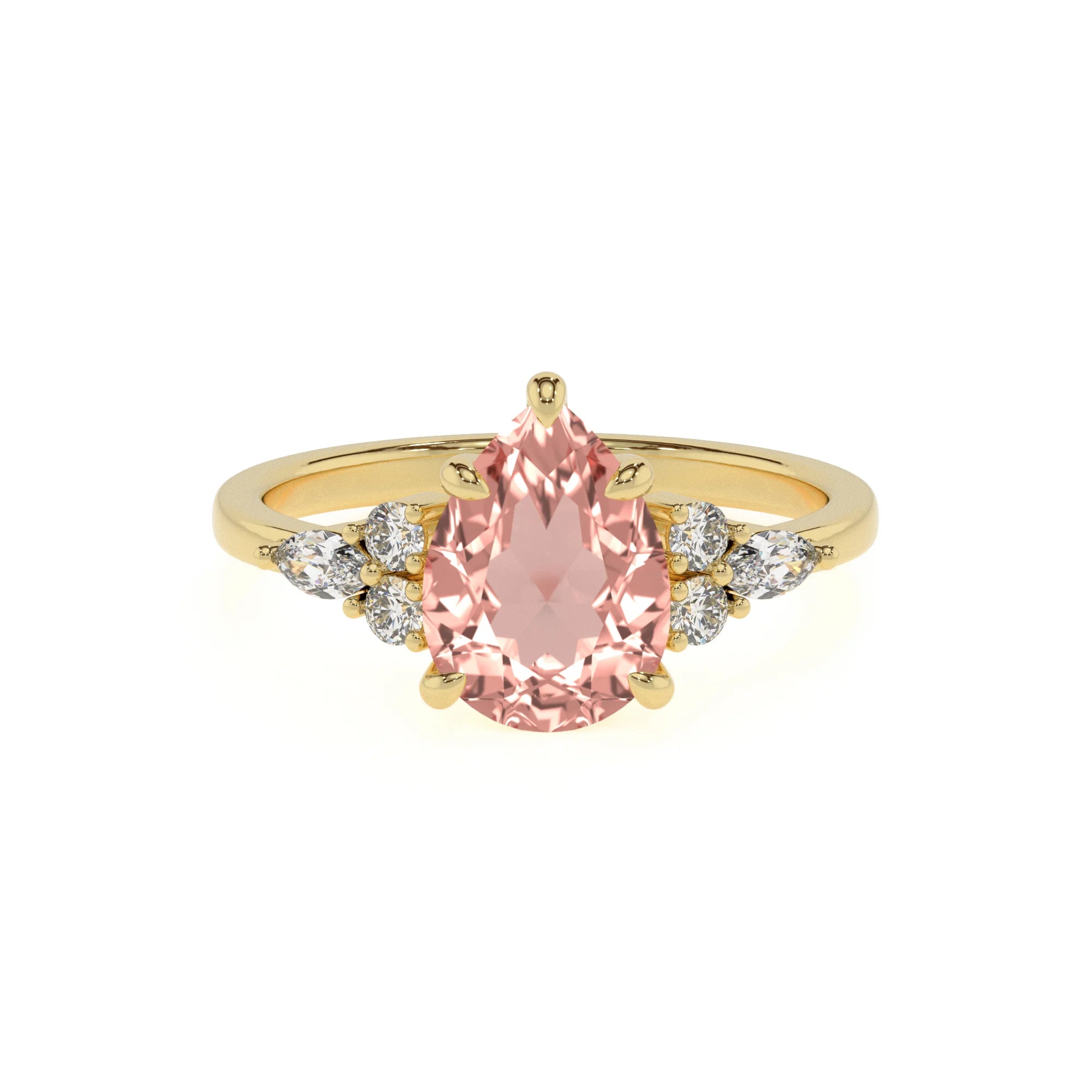 lab grown morganite pear solitaire rings in yellow gold