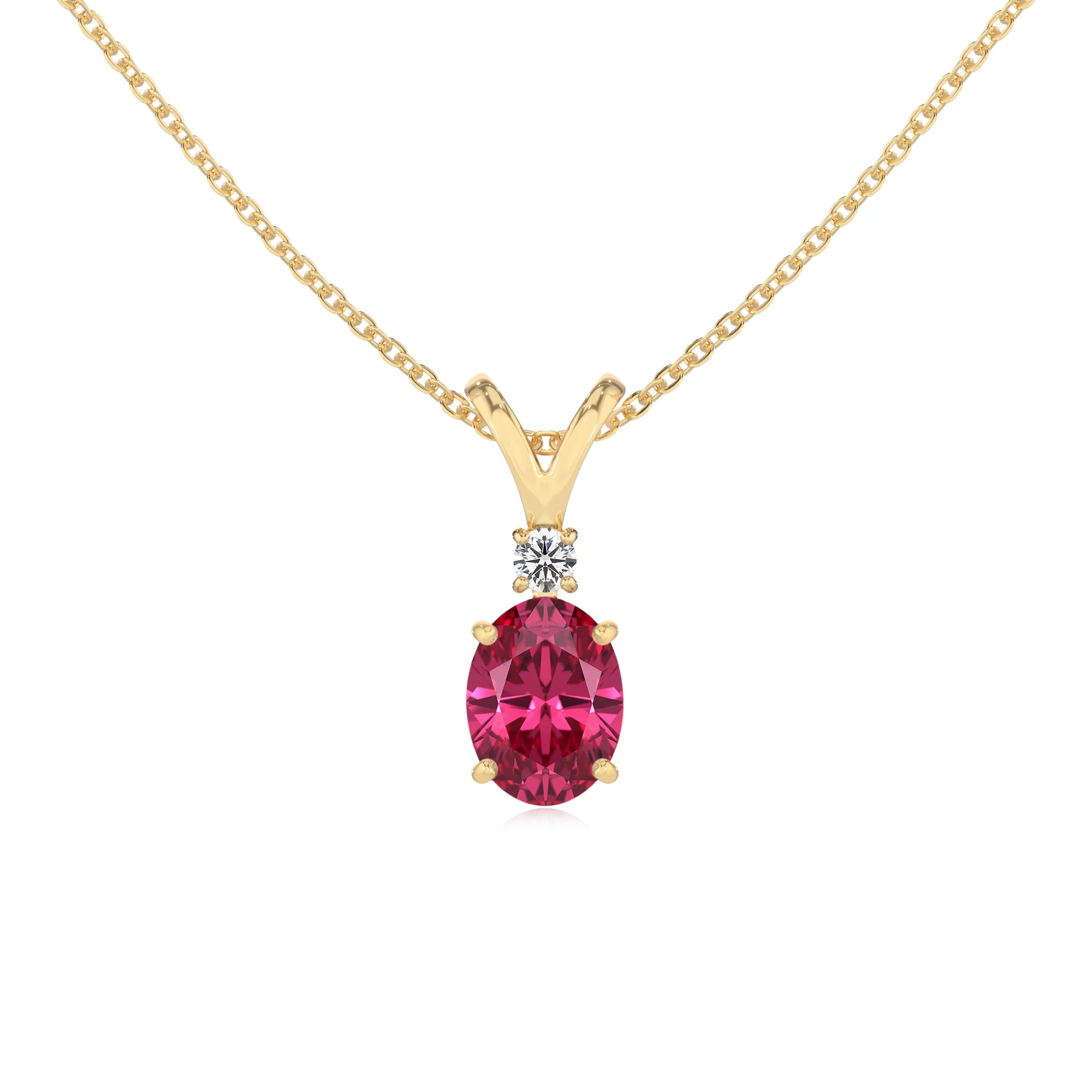 lab grown pink-tourmaline oval solitaire v-bale necklaces in yellow gold