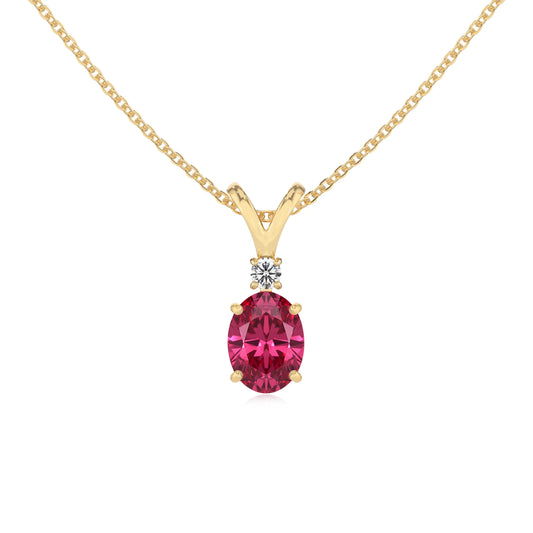 lab grown pink-tourmaline oval solitaire v-bale necklaces in yellow gold
