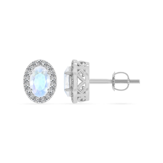 natural rainbow moonstone oval stud earrings in white gold