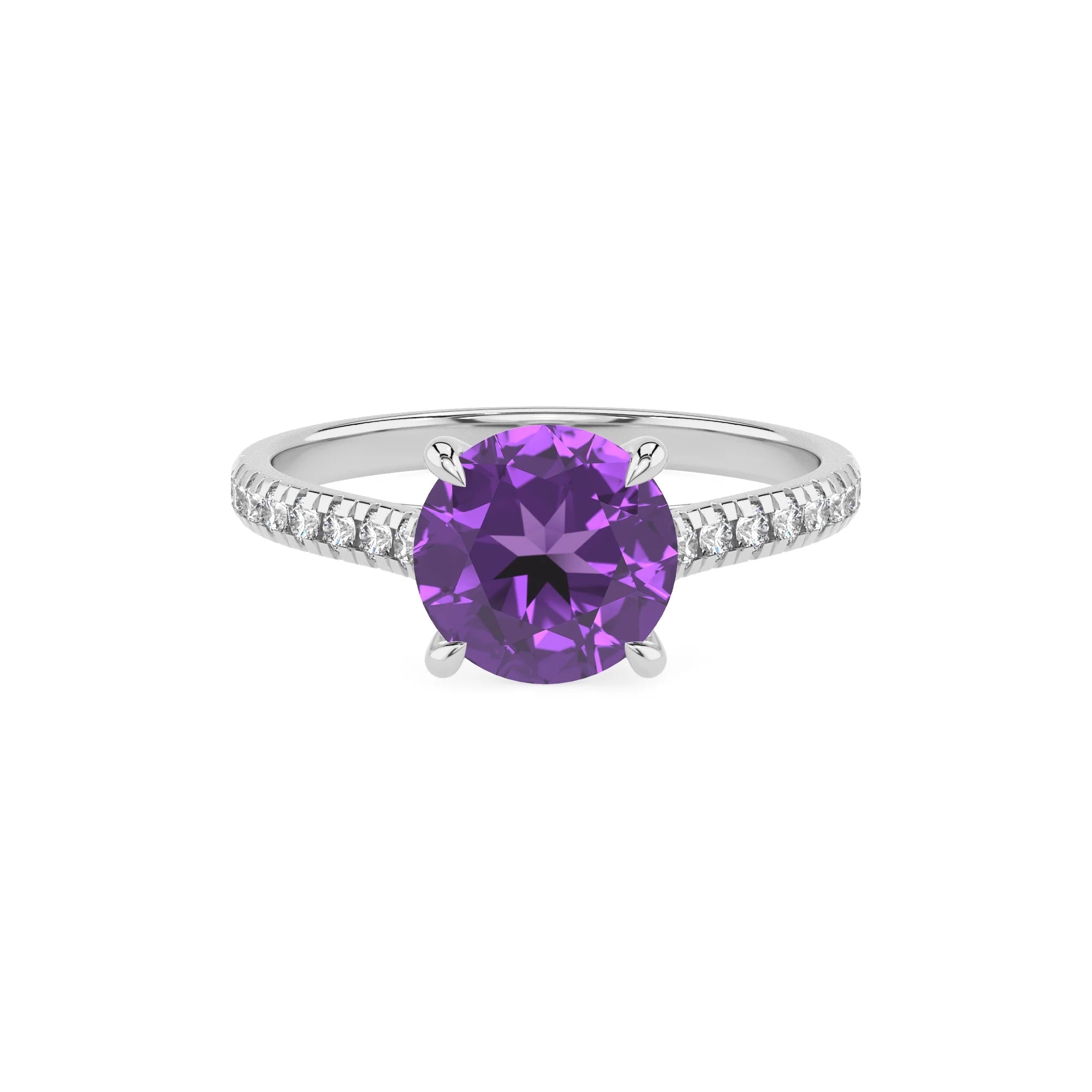 lab grown amethyst round half eternity solitaire engagement rings in white gold