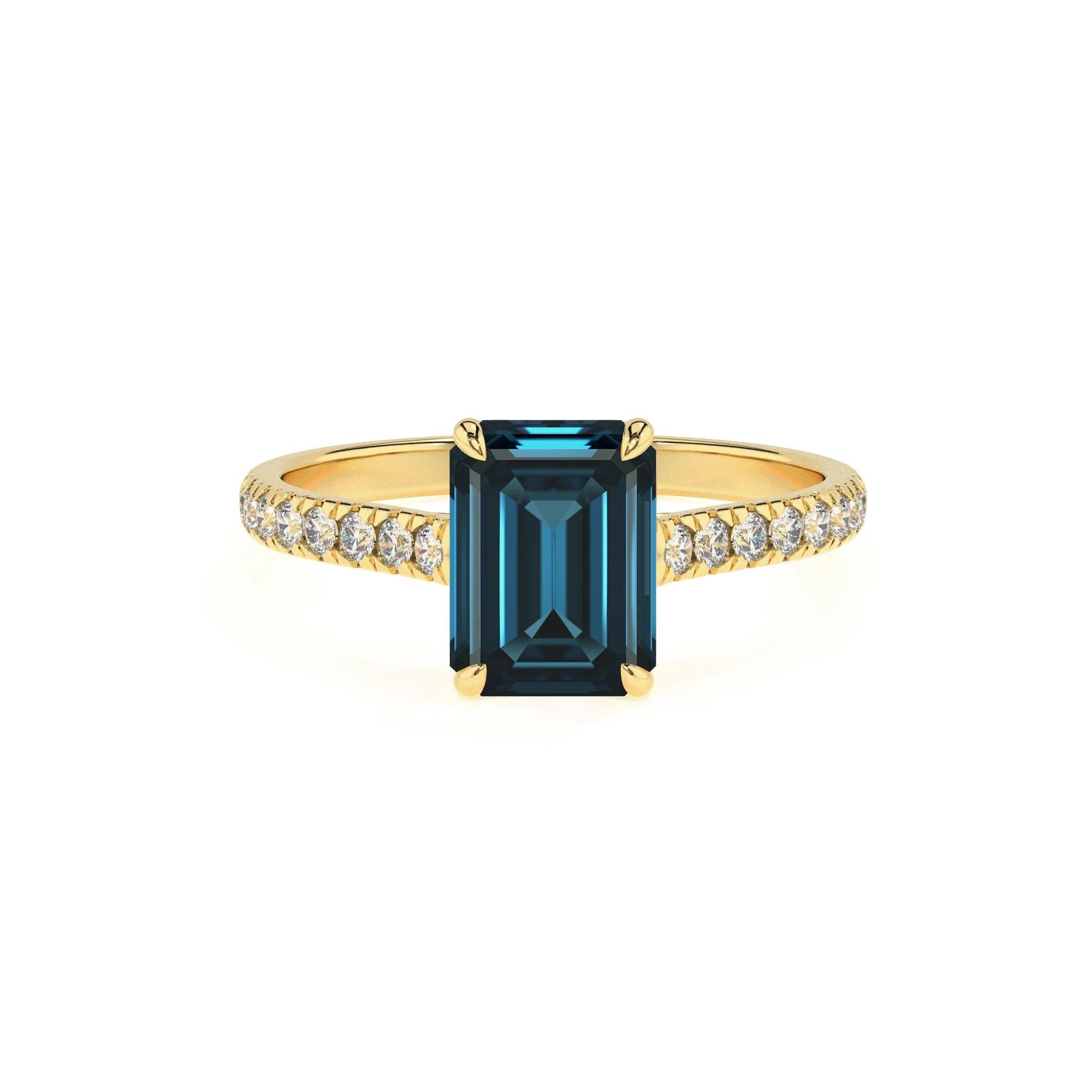 natural london-blue-topaz emerald cut half eternity solitaire engagement rings in yellow gold