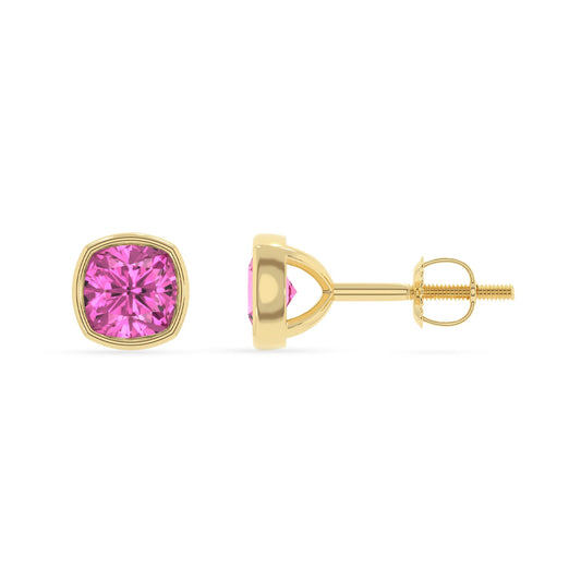 lab grown pink sapphire cushion stud earrings in yellow gold