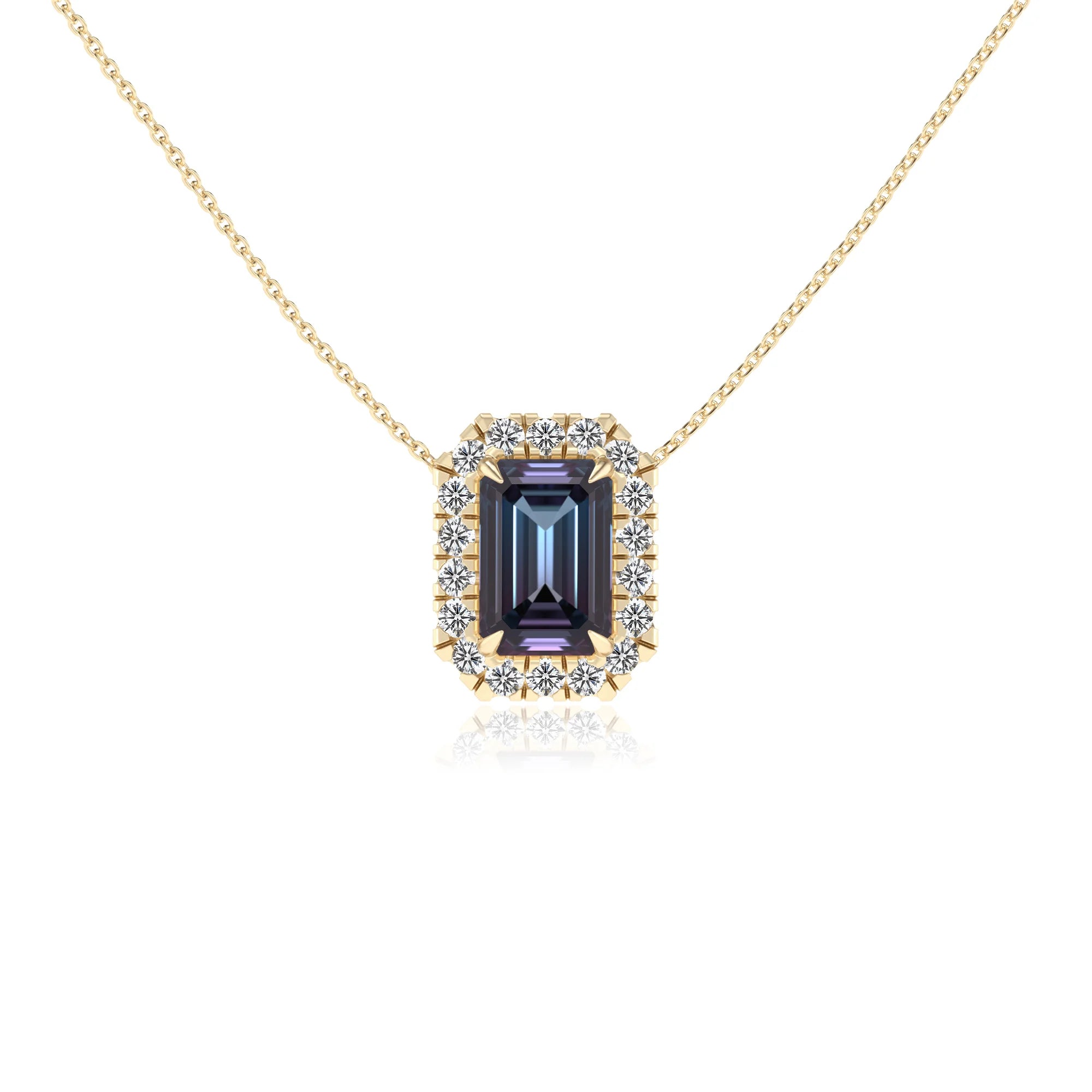 lab grown alexandrite emerald cut solitaire necklaces in yellow gold