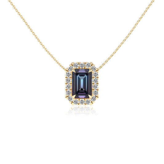 lab grown alexandrite emerald cut solitaire necklaces in yellow gold