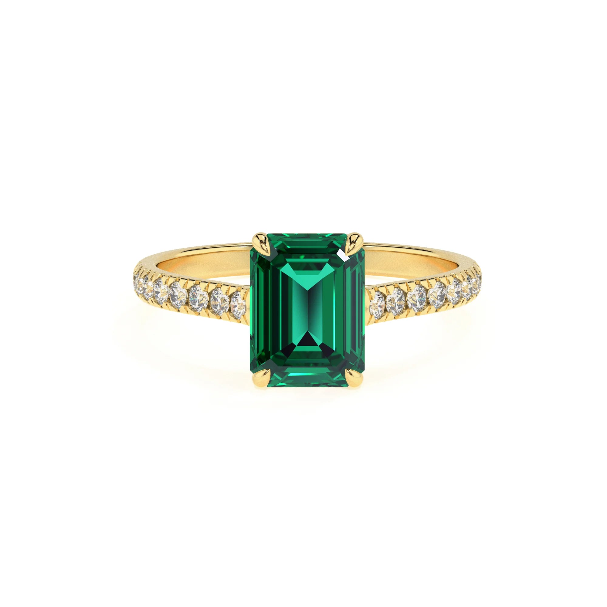lab grown emerald octogon cut half eternity solitaire engagement rings in yellow gold