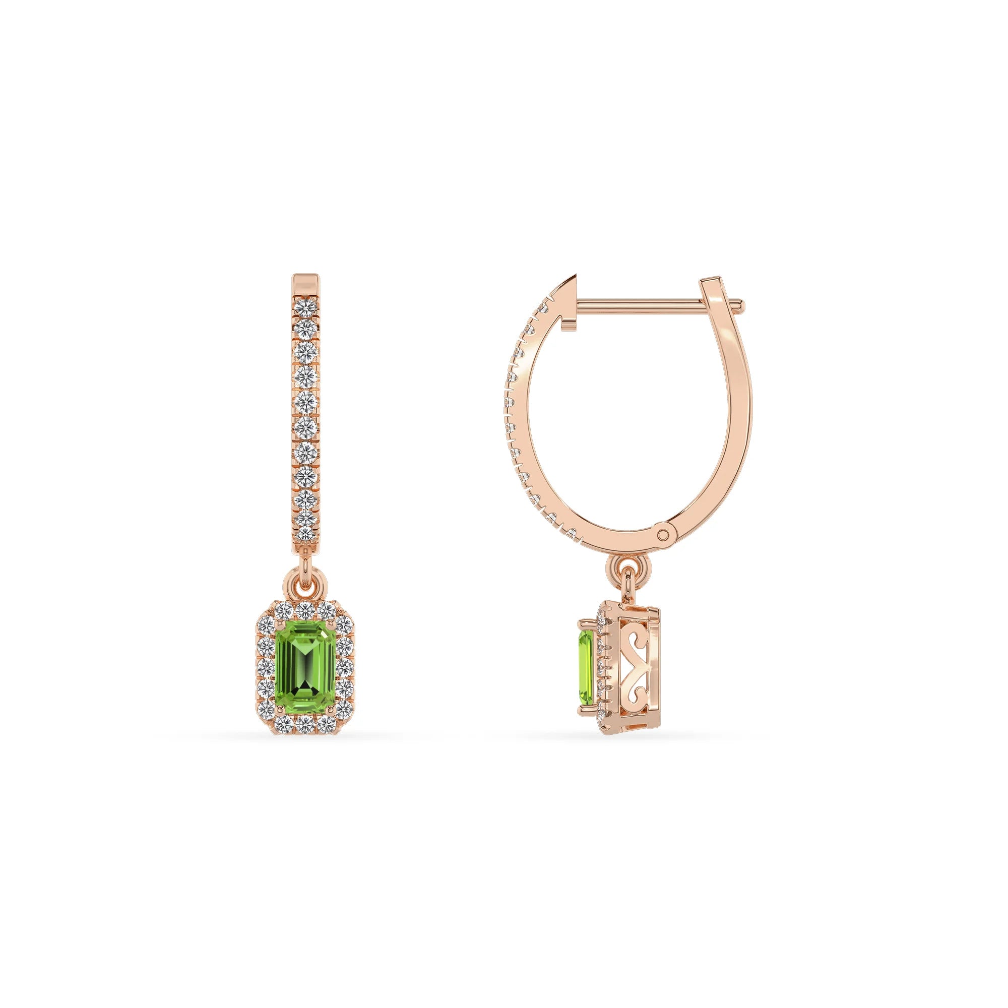 natural peridot emerald cut drop earrings in rose gold