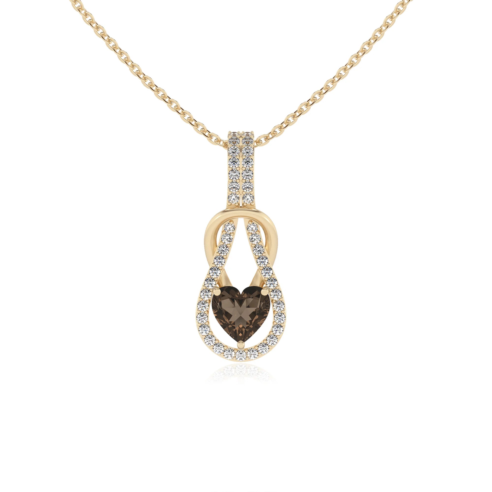 natural smoky-quartz heart infinity v-bale necklaces in yellow gold